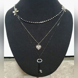 🆕️ Betsey Johnson Layered Heart And Key Necklace With Silver Bows🎀💕
